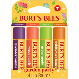 Burt’s Bees Garden Party Moisturizing Lip Balm 4 Pack: Lavender Vanilla, Sweet Peach, Green Apple, Wildflower Honey; 12 Hour Moisture, 100% Natural Origin, Responsibly Sourced Beeswax, 0.15 oz. Tubes