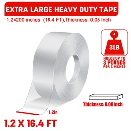 Double Sided Tape Heavy Duty, 1.2 Inch x16.4 FT(200 in), Extra Large Reusable Clear Adhesive Tape, Removable Wall Tape,Strong Sticky Carpet Tape, Command Strips Alternative for Walls, Posters