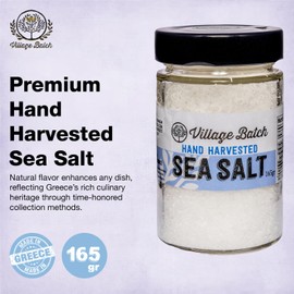 Village Batch Premium Hand-Harvested Sea Salt 165 grams Jar Natural Mediterranean Flavor, Sun-Dried and Mineral-Rich, Flaky, Coarse and Unrefined Sea Salt for Cooking and Gourmet Use