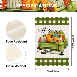 Fall Green Truck Pumpkin Garden Flag Double Sided, Weather Resistant Welcome Autumn Holiday Harvest Yard Flag Burlap Outside Decorative Flag for Patio Lawn Home Courtyard 12x18inch
