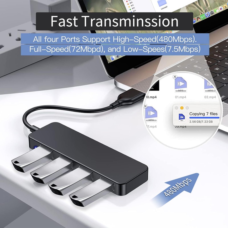USB hub, 4-port USB 2.0 hub, ultra-thin portable USB splitter,