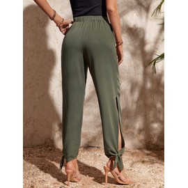 Floerns Women's Solid High Waist Split Knot Hem Long Pants Army Green X-Large