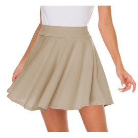 Afibi Casual Mini Stretch Waist Flared Plain Pleated Skater Skirt (Medium, Khaki)