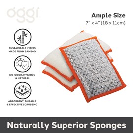 OGGI Bambou Odor-Free Scrubbing Sponges - Natural Scrub Sponges for Dishes, 91% Bamboo-Derived Rayon Cellulose Fiber, Reusable, Absorbent, Durable Scrubbers, Non-Scratch, Washable - 3 pcs, 7x4