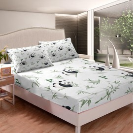Feelyou Panda Sheet Set Queen Size Kids Cute Animal Bamboo Bed Sheets Set for Boys Girls Teens Cute Cartoon Panda Sheets with Deep Pocket Fitted Sheet Black White Bedding Set Bear Bed Set