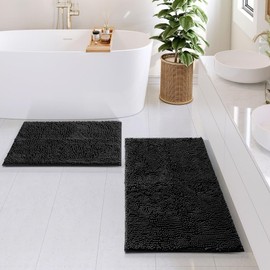 TRP Super Absorbent High Pile Chenille Bathroom Rugs Set 2 Piece Ultra Soft Velvety Texture | Jet Black Color Nonslip Rubber Backing Plush Luxury Fluffy Quick Drying Washable Bath Mat