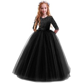Little Big Girls Flower Vintage Floral Lace 3/4 Sleeves Floor Length Dress Tulle Wedding Birthday Party Evening Formal Prom Dresses Summer A Line Pegeant Long Maxi Dance Ball Gown Black 5-6