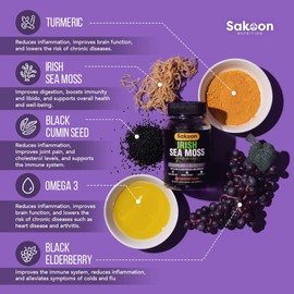 Sakoon nutrition Irish Sea Moss Gummies w/Elderberry & Black Seed Oil - Beauty, Joints & Immune Support | Rich in Vitamins, Raspberry Flavor | 60 Gummies
