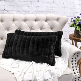 BYTIDE Striped Faux Fur Decorative Lumbar Throw Pillow Covers with Sherpa Back 14" x 26" Set of 2, Plush Luxury Rectangular Cushion Case Pillowcase for Couch Bed Bedroom Living Room, Black