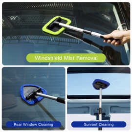 Qydipclin 11pcs Windshield Cleaner Tool, Car Window Cleaning Wash Kit with 6 Reusable Microfiber Pads 2 Spray Bottles and Extendable Handles Auto Glass Wiper Kit, Blue & Green