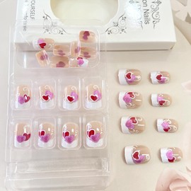 Short Square Press on Nails Glitter Red Pink Heart Fake Nails Stick on Nails Glossy Acrylic Glue on Nails for Women DIY Manicure