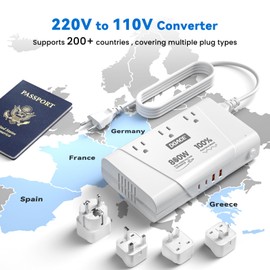 DOACE 800W Universal Travel Adapter: 220V to 110V Pure Sine Wave, EU Step-Down Transformer for 200+ Countries, 3 Outlets & 4 USB, Compatible with Phones, Hair Straighteners, Cameras, Laptop