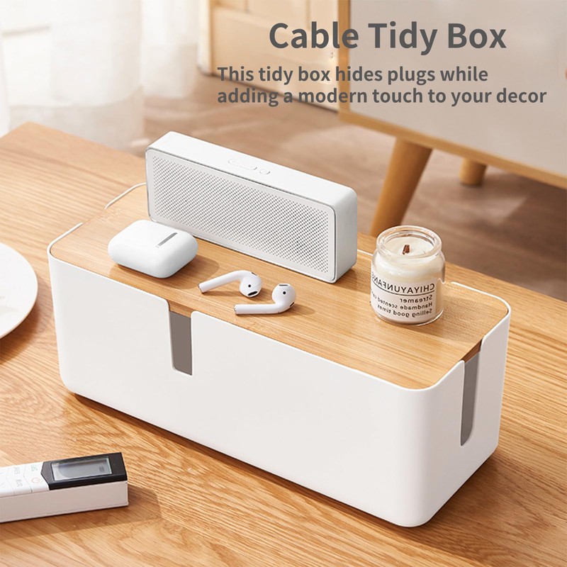 JJQHYC Cable Tidy Box White Cable Box with Bamboo Lid