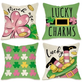 Fahrendom St Patricks Day Lucky Charms Decorative Throw Pillow Covers 18 x 18 Set of 4, Pink Shamrock Clover Leprechaun Top Hat Outdoor Pillowcase, Spring Irish Pinch Me Sofa Cushion Case Home Decor