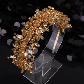 Octwine Vintage Bridal Gold Green Headpiece Handmade Wedding Headband Hair Vine Rhinestoens Headband Bridal Wedding Hair Accessories (Champagne, Width1.9inches)