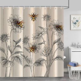 Moonslim Bee Shower Curtain Set 72Wx78H, Country Farmhouse Honeybee Flowers Floral Sunflower Plant Leaves Shower Curtains Set Bathroom Decor, Waterproof Fabric with 12 Hooks Accessory