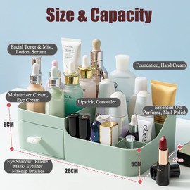 FOREVERIE Makeup Organisers with 1 Drawer, Plastic Skincare Storage Box Desk Organiser Display for Bathroom, Bedroom, Home and Office, Green (Small)