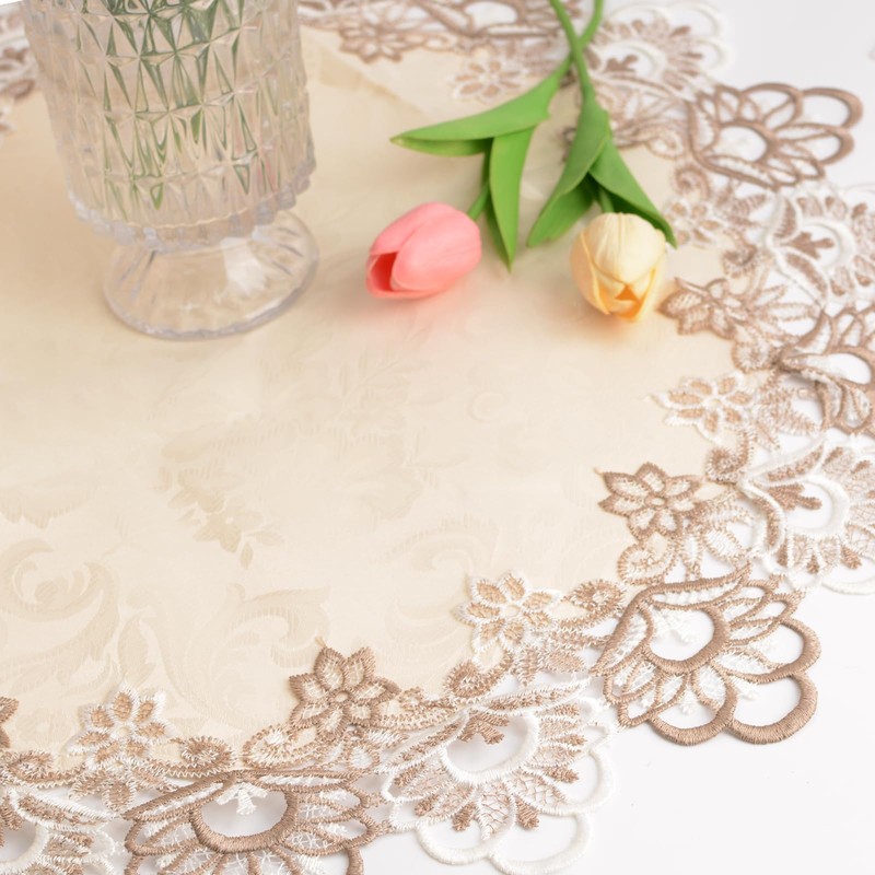URROMA Linen Round Beige Table Cover with Lace Trim, Coffee