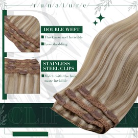 RUNATURE Real Hair Extensions, Clip-In Ash Brown with Platinum Blonde Extensions, Clip-In Real Hair, Silky Real Hair, Clip-In Short Hair Extensions, 50 g, #8P60 25 cm,