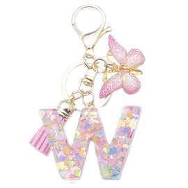 Xsclpomddy A-Z Initials Letter Keychain Pink with Tassel Butterfly Pendant for Wallet Backpack Handbags Women Girls,Letter W