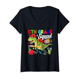 Womens 5th Grade Squad Back To School T-rex Sunglasses Students V-Neck T-Shirt