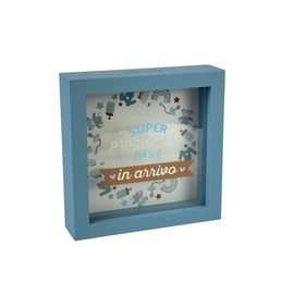 Salvadanaio Decorativo Cornice Blu 16x16 cm, Design In Arrivo con Motivi Baby