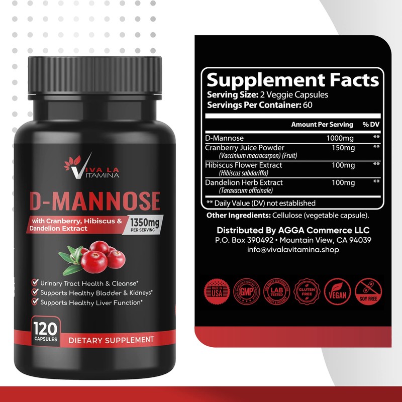 D-Mannose Supplement with Cranberry, Hibiscus, Dandelion Extract 1350mg – High-Strength