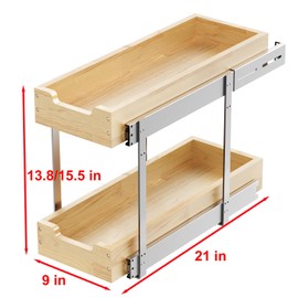 Sikarou Wood Pull Out Cabinet Organizer 2 Tie 9" W x 21" D, Heavy-Duty Sliding Drawers for Inside Cabinets Storage and Organization for Kitchen, Pantry, Bathroom