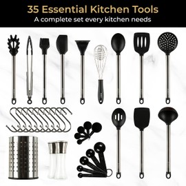 SMIRLY Silicone Kitchen Utensils Set with Holder - Black Cooking Utensils Set for Nonstick Cookware, Spatula Set & Kitchen Essentials Tools Set - Home & Kitchen Accessories