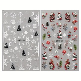Christmas Nail Art Stickers White Snowflake Nail Stickers Christmas Tree Nail Art Decals for Nail Art Christmas Snowman Plants Nail Decoration Winter Self-Adhesive Nail Art Supplies Accessories 2Pcs