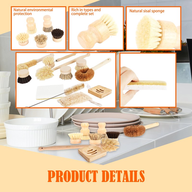 15 Pcs Bamboo Dish Brush Set with 65 Ft Hemp