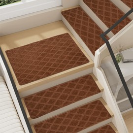 VONDERZ Stair Landing Mat 24 * 36 Inch, Peel and Stick Carpet Stair Treads for Wooden Steps Indoor with Adhesive Non-Slip Backing - Diamond Pattern Brown