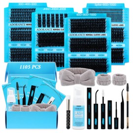 Adorance Lash Clusters Kit with Mixed Length 10-18mm Spike Eyelash Cluster 1105pcs Eyelash Pestañas Postizas Naturales DIY Lashes At Home+Lash Bond&Seal,Remover,Tweezers,Brush,Headband,Wristband