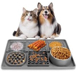 Dog Lick Mat for Medium Large Dogs, Silicone Slow Feeder Dog Licking Mat with Bowls, Peanut Butter Lick Pad Feeding Mat for Dog Anxiety Relief, Reduce Boredom, Improve Eating Habit (Grey)