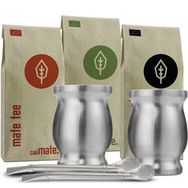 Mate Tea Set Organic ● 3 Mates + 2 Double-Walled Stainless Steel Mate Cups + 2 Bombillas + Preparation Instructions (Silver)