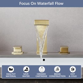 Bathroom Faucet 8 inch 3 Hole 2 Handle Widespread Bathroom Sink Faucet Brushed Gold Waterfall with Pop Up Drain Stopper Water Supply Hoses Modern Vanity Lavatory Basin Faucet Brass Commercial