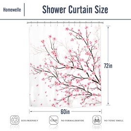 Homewelle Cherry Blossom Plum Asian Shower Curtain Japanese Weeping Flower 60Wx72H Inch Sakura Pink Floral Watercolor Cute Branch Ink Scenery Waterproof Polyester Fabric Bathroom Bathtub