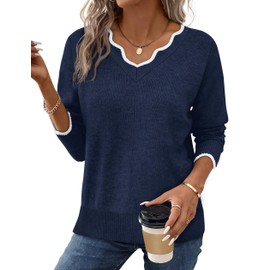 V Neck Sweaters for Women Pullover Cozy Lightweight Sweaters for Women Trendy Fall Knit Sweater Top Navy Blue L