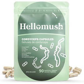 Hellomush Cordyceps Mushroom Capsules - Made from Organic Cordyceps Sinensis Powder for Natural Immune, Energy Support and Source of Antioxidants, Non-GMO, Gluten-Free, 90 Vegan Capsules