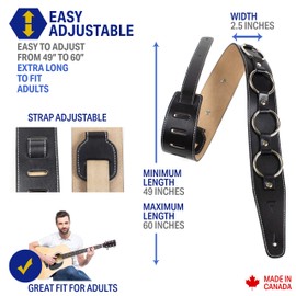 Perri's Leathers Black with Metal Rings Guitar Strap - Leather | 2.5" Wide, Adjustable 41" to 56" Long (Bass, Electric and Acoustic Guitar Strap) Black with Metal Rings