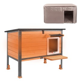 Seiyierr Insulated cat House Outdoor Weatherproof for Winter, Feral Cat Shelter with Insulated Liner, All Round Metal Frame Wooden Condos, Indoor and Outdoor Use for Cat, Rabbit and Small Animal