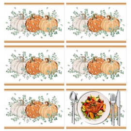 Tarklanda Fall Vinyl Table Placemats Set of 6, 11 x 15.7 Inches Washable Plastic Placemats for Kitchen Dining Party - Orange Pumpkin