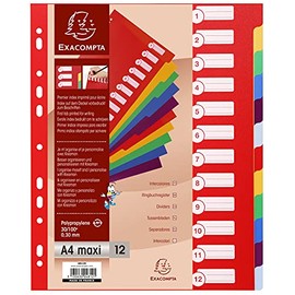 Exacompta - Ref 4812E - PP Document Dividers - Suitable for Use With A4+ Documents, Made from Polypropylene, Pre-Punched & Pre-Printed - 12 Part Dividers - Multicoloured