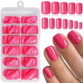 LoveOurHome 240pc Hot Pink Press on Nails Short Fake Nails Square Glue on Nail Short Acrylic Nails Press ons Nail Tips Full Cover False Nail Women Girl Square Artificial Fingernail with Adhesive Tab