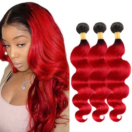 14 16 18 inch CnumGunm Red Human Hair Bundles Ombre Body Wave 3 Bundles 2 Tone Black Roots To Red Human Hair Bundle
