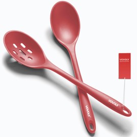 Silicone Spoons for Cooking - Extra Large Kitchen Spoons for Mixing, Serving, & Stirring - 600°F Heat-Resistant Non Stick Utensils Ladle & Skimmer- Dishwasher Safe, Red