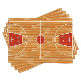 Lunarable Sports Place Mats Set of 4, Wooden Parquet Seem Floor Basketball Court Arena Gymnasium Tournament, Washable Fabric Placemats for Dining Table, Standard Size, Vermilion Marigold