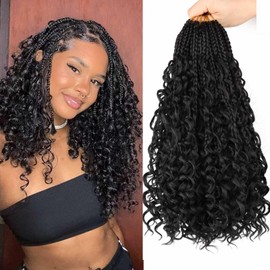 8 Packs Goddess Box Braids Crochet Hair 14 Inch Crochet Box Braids with Curly Ends Boho Braids Bohemian Box Braid Hair for Women (1B, 14 inch 8 pack)