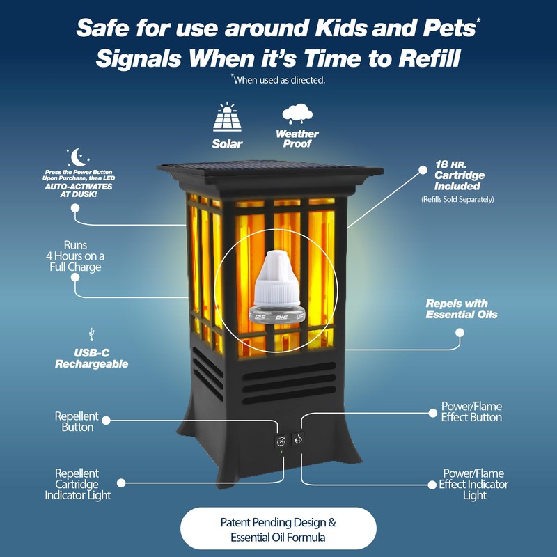 PIC Tabletop Solar Mosquito Repellent with Flame Effect, Essential Oil