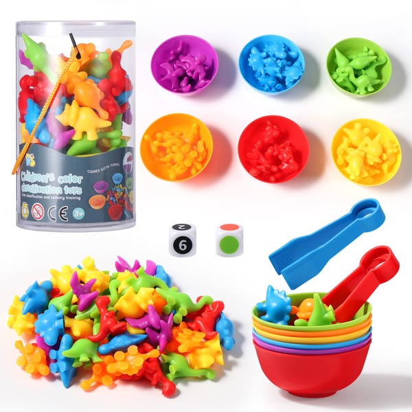 Oderra Montessori 48 Pieces Dinosaur Counting and Sorting Educational Toys with Cups, Dice and Tongs for Learning to Counting Fine Motor Skills, Montessori Games